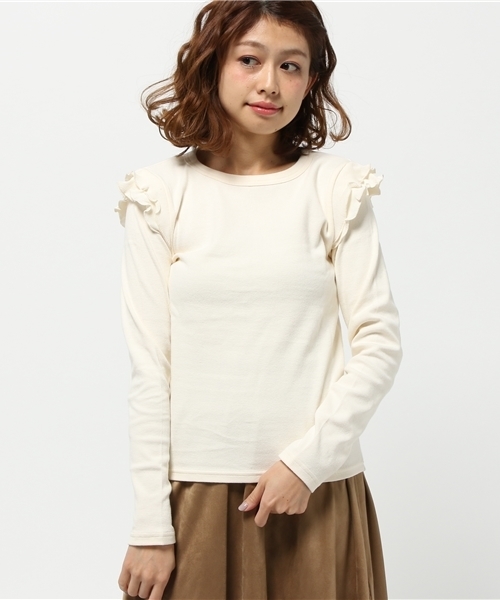 OUTLET(アウトレット)の「【who's who Chico】肩フリルクルーロンT(Tシャツ/カットソー・レディース・ライトグレー/ベージュ/ブラック/アイボリー・FREE)」の4枚目の写真