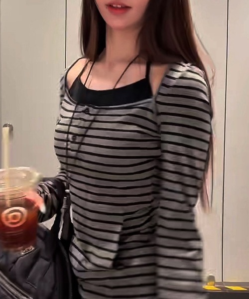 HALEY PESCA(ヘーリーペスカ)の「HALEY PESCA/フェイクレイヤード バイカラー ボーダーフードカットソー(Tシャツ/カットソー・レディース・グレー・SMALL/LARGE/MEDIUM)」の5枚目の写真