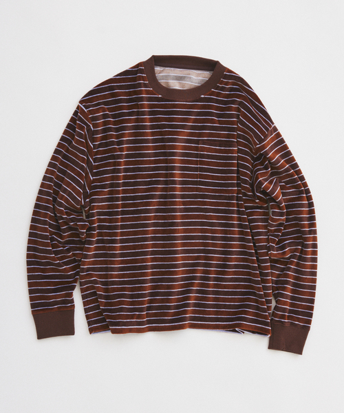 JOURNAL STANDARD relume（ジャーナルスタンダード　レリューム）の「ベルベットタッチ ベロアボーダー ロンT（Tシャツ/カットソー・メンズ・ブラウン/ネイビー/ブラックミックス・MEDIUM/LARGE）」の2枚目の写真