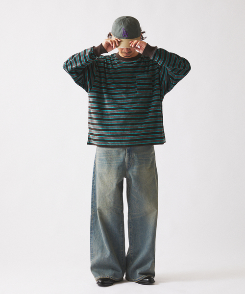 JOURNAL STANDARD relume（ジャーナルスタンダード　レリューム）の「ベルベットタッチ ベロアボーダー ロンT（Tシャツ/カットソー・メンズ・ブラウン/ネイビー/ブラックミックス・MEDIUM/LARGE）」の8枚目の写真