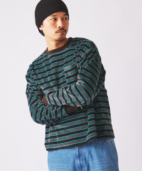 JOURNAL STANDARD relume（ジャーナルスタンダード　レリューム）の「ベルベットタッチ ベロアボーダー ロンT（Tシャツ/カットソー・メンズ・ブラウン/ネイビー/ブラックミックス・MEDIUM/LARGE）」の16枚目の写真