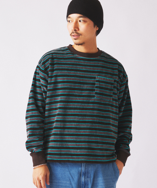 JOURNAL STANDARD relume（ジャーナルスタンダード　レリューム）の「ベルベットタッチ ベロアボーダー ロンT（Tシャツ/カットソー・メンズ・ブラウン/ネイビー/ブラックミックス・MEDIUM/LARGE）」の18枚目の写真