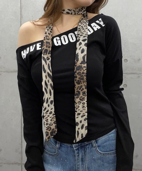 ROGER AND RAW（ロジャーアンドロウ）の「ヒョウ柄チョーカータイ付きワンショルダートップス（Tシャツ/カットソー・レディース・ホワイト/ブラウン/ブラック・FREE）」の7枚目の写真