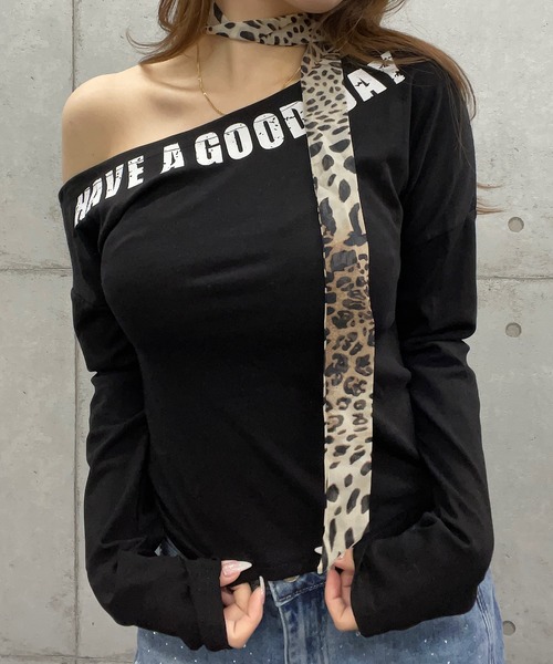 ROGER AND RAW（ロジャーアンドロウ）の「ヒョウ柄チョーカータイ付きワンショルダートップス（Tシャツ/カットソー・レディース・ホワイト/ブラウン/ブラック・FREE）」の11枚目の写真