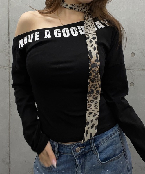 ROGER AND RAW（ロジャーアンドロウ）の「ヒョウ柄チョーカータイ付きワンショルダートップス（Tシャツ/カットソー・レディース・ホワイト/ブラウン/ブラック・FREE）」の12枚目の写真