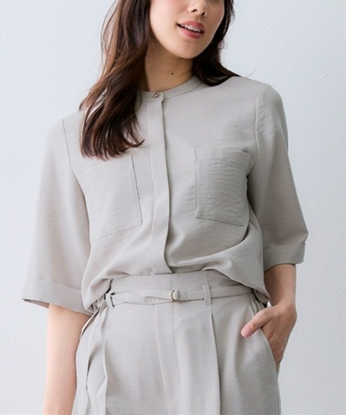 7days Life Styling(セブンデイズライフスタイリング)の「【接触冷感/UVカット】麻調合繊ポケットハーフスリーブシャツ(シャツ/ブラウス・レディース・ネイビー/ベージュ/ブラウン・LL/L/M/S/3L/5L/6L/4L)」の3枚目の写真