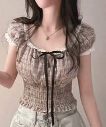 チェック柄シャーリングフリルブラウス