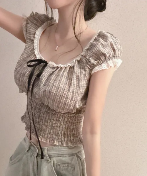 SHEPP(シープ)の「チェック柄シャーリングフリルブラウス(シャツ/ブラウス・レディース・ブラック/ピンク・S/M)」の7枚目の写真