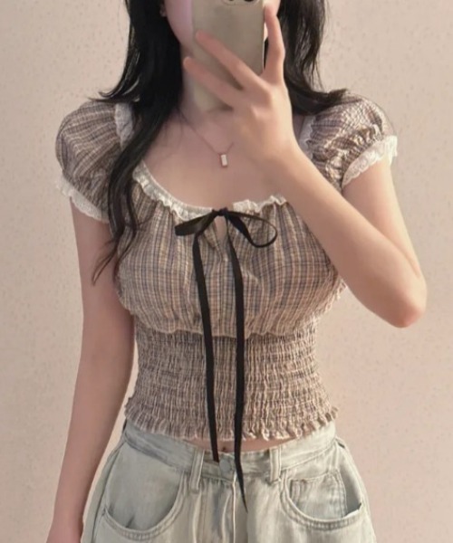 SHEPP(シープ)の「チェック柄シャーリングフリルブラウス(シャツ/ブラウス・レディース・ブラック/ピンク・S/M)」の8枚目の写真