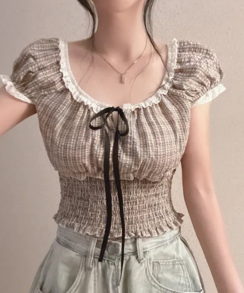 SHEPP(シープ)の「チェック柄シャーリングフリルブラウス(シャツ/ブラウス・レディース・ブラック/ピンク・S/M)」の4枚目の写真