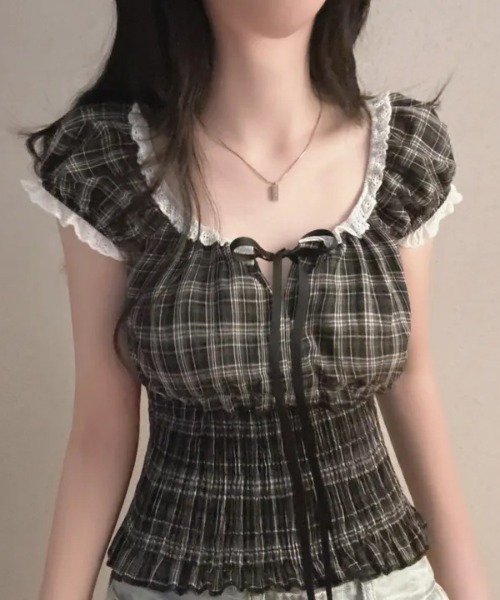SHEPP(シープ)の「チェック柄シャーリングフリルブラウス(シャツ/ブラウス・レディース・ブラック/ピンク・S/M)」の6枚目の写真