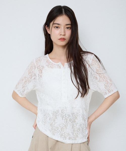 JEANASIS（ジーナシス）の「ヘンリーレースSS TEE/782882（Tシャツ/カットソー・レディース・ブラック/ホワイト・FREE）」の2枚目の写真