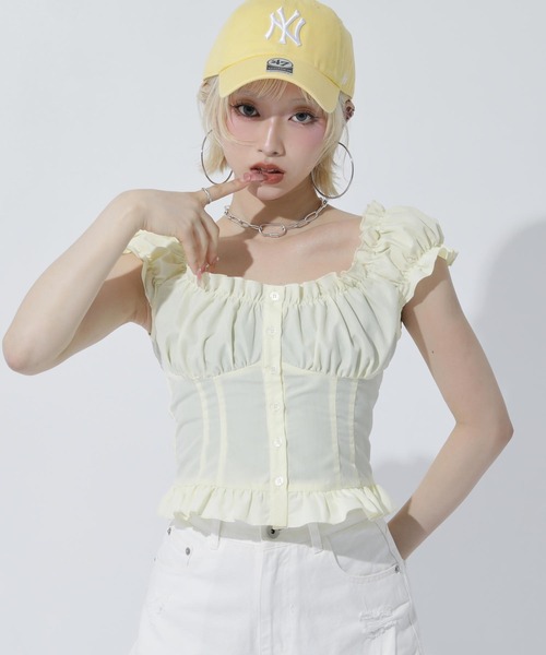 ANAP(アナップ)の「ノースリーブ シャーリングブラウス(シャツ/ブラウス・レディース・ブラック/ホワイト/ピンク/イエロー・F)」の3枚目の写真