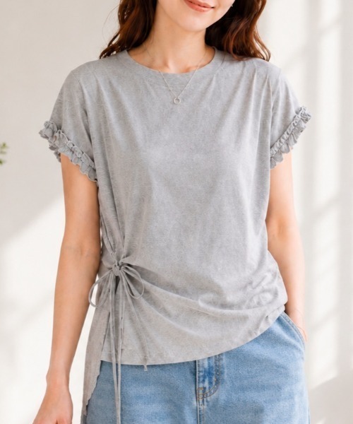 ＜新色登場＞ アシメドロストデザインTシャツ／袖フリルカットソー