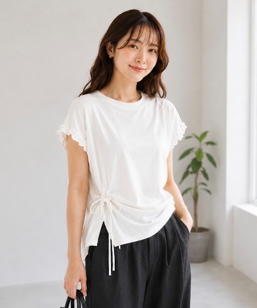 ＜新色登場＞ アシメドロストデザインTシャツ／袖フリルカットソー