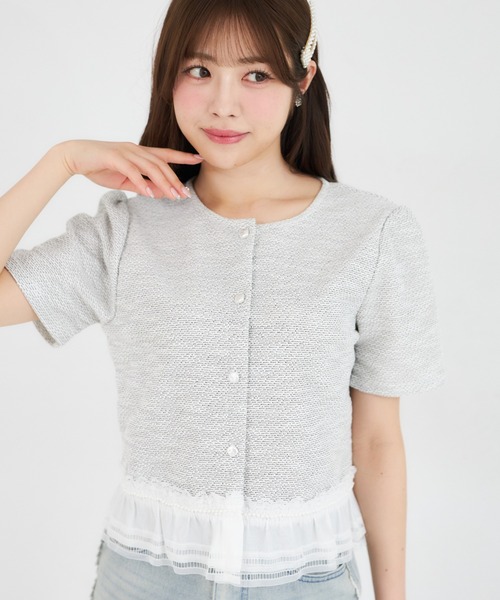 Suyunn(スユン)の「【ZOZO限定】フリルヘムサマーツイード半袖ジャケット(ノーカラージャケット・レディース・ピンク/ブラック/グレー/ブルー・M)」の14枚目の写真