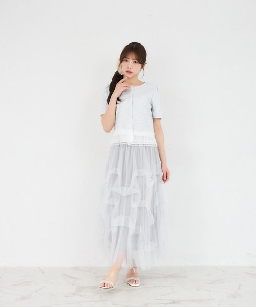 Suyunn(スユン)の「【ZOZO限定】フリルヘムサマーツイード半袖ジャケット(ノーカラージャケット・レディース・ピンク/ブラック/グレー/ブルー・M)」の17枚目の写真