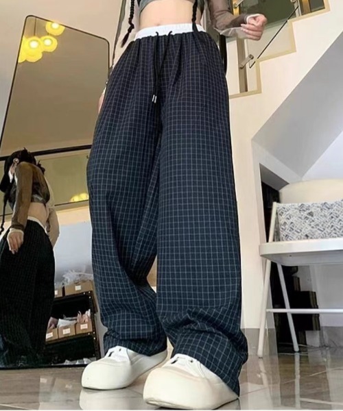 チェック レイヤード パンツ 配色レイヤード風チェックパンツ 夏用ワイドパンツ（その他パンツ