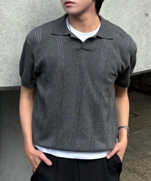 Chikashitsu +(チカシツプラス)の「【Chikashitsu +】punching summer knit polo (4color) / 【チカシツプラス】パンチングサマーニット半袖ポロシャツ<着用動画あり>(ポロシャツ・メンズ・ブラック/スカイブルー/チャコール/グレー・M/L)」の3枚目の写真