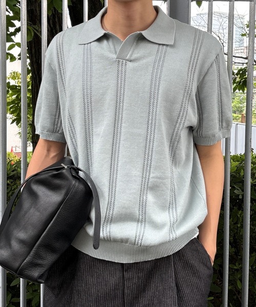 Chikashitsu +(チカシツプラス)の「【Chikashitsu +】punching summer knit polo (4color) / 【チカシツプラス】パンチングサマーニット半袖ポロシャツ<着用動画あり>(ポロシャツ・メンズ・ブラック/スカイブルー/チャコール/グレー・M/L)」の4枚目の写真