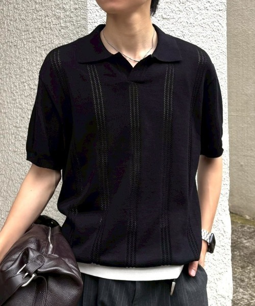 Chikashitsu +(チカシツプラス)の「【Chikashitsu +】punching summer knit polo (4color) / 【チカシツプラス】パンチングサマーニット半袖ポロシャツ<着用動画あり>(ポロシャツ・メンズ・ブラック/スカイブルー/チャコール/グレー・M/L)」の1枚目の写真