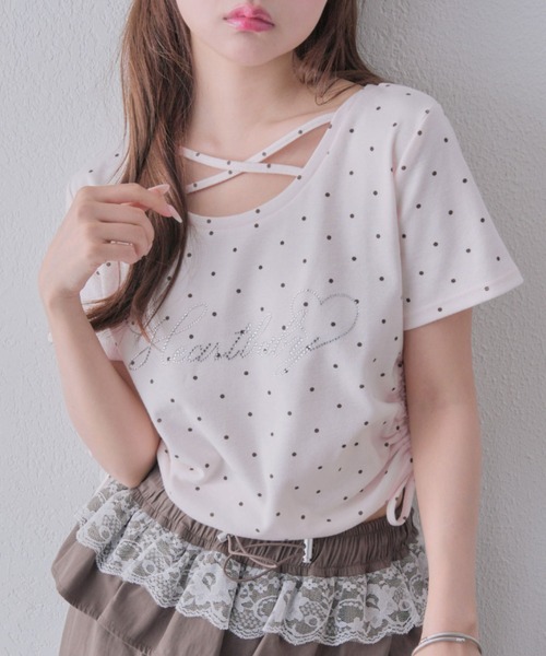 OLIVE des OLIVE（オリーブデオリーブ）の「きらきらロゴドロストTシャツ（Tシャツ/カットソー・レディース・ブラック/サックスブルー/オフホワイト/ピンク/ホワイト・FREE）」の2枚目の写真