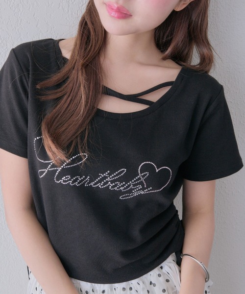 OLIVE des OLIVE（オリーブデオリーブ）の「きらきらロゴドロストTシャツ（Tシャツ/カットソー・レディース・ブラック/サックスブルー/オフホワイト/ピンク/ホワイト・FREE）」の4枚目の写真