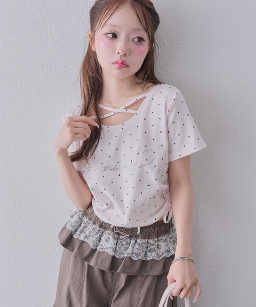 OLIVE des OLIVE（オリーブデオリーブ）の「きらきらロゴドロストTシャツ（Tシャツ/カットソー・レディース・ブラック/サックスブルー/オフホワイト/ピンク/ホワイト・FREE）」の13枚目の写真
