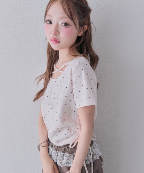 OLIVE des OLIVE（オリーブデオリーブ）の「きらきらロゴドロストTシャツ（Tシャツ/カットソー・レディース・ブラック/サックスブルー/オフホワイト/ピンク/ホワイト・FREE）」の14枚目の写真