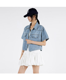UMM（ウム）の「スナップポケットウォッシングデニム半袖ジャケット2COLOR（デニムジャケット）」
