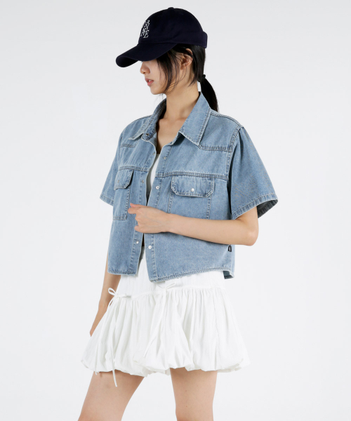 UMM(ウム)の「スナップポケットウォッシングデニム半袖ジャケット2COLOR(デニムジャケット・レディース・ライトブルー/ダークブルー・F)」の3枚目の写真
