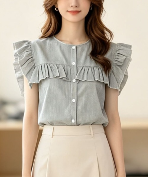 gossip!ロサンゼルス(ゴシップロサンゼルス)の「前開きフリルフライスリーブストライプブラウス(シャツ/ブラウス・レディース・ブラック系その他/グリーン/オフホワイト/ブルー・FREE)」の3枚目の写真