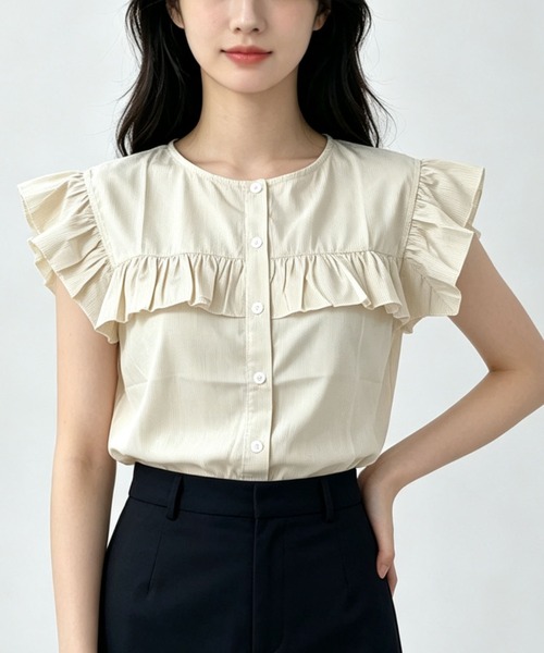 gossip!ロサンゼルス(ゴシップロサンゼルス)の「前開きフリルフライスリーブストライプブラウス(シャツ/ブラウス・レディース・ブラック系その他/グリーン/オフホワイト/ブルー・FREE)」の2枚目の写真