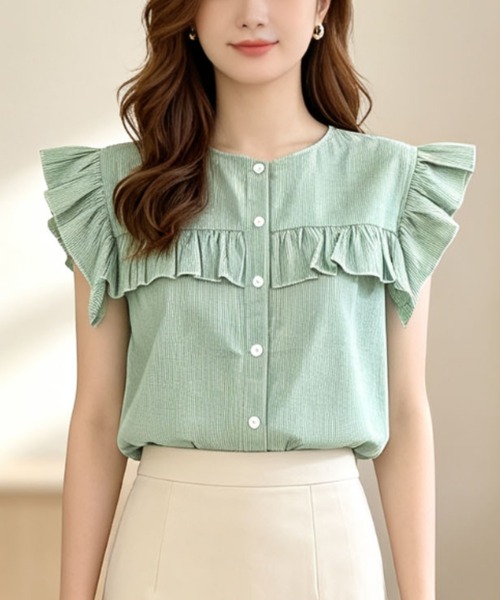 gossip!ロサンゼルス(ゴシップロサンゼルス)の「前開きフリルフライスリーブストライプブラウス(シャツ/ブラウス・レディース・ブラック系その他/グリーン/オフホワイト/ブルー・FREE)」の1枚目の写真