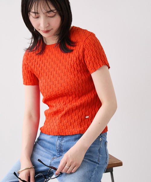 VIS(ビス)の「変形ケーブル半袖ニットトップス(ニット/セーター・レディース・オフホワイト/レッド/ブラック・FREE)」の1枚目の写真