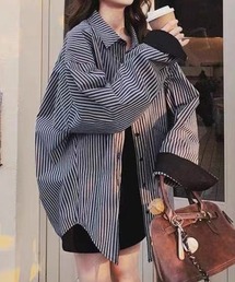 配色カフスストライプオーバーシャツ