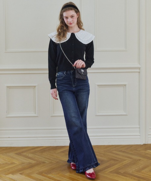 idem(イデム)の「double lace collar cardigan / ダブルレース襟ニットカーディガン(カーディガン/ボレロ・レディース・ブラック/グレー・FREE)」の14枚目の写真