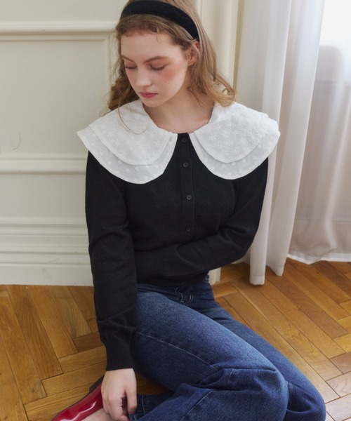 idem(イデム)の「double lace collar cardigan / ダブルレース襟ニットカーディガン(カーディガン/ボレロ・レディース・ブラック/グレー・FREE)」の18枚目の写真
