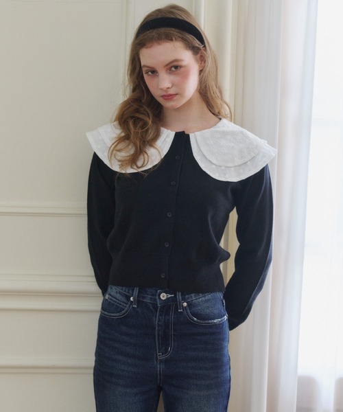 idem(イデム)の「double lace collar cardigan / ダブルレース襟ニットカーディガン(カーディガン/ボレロ・レディース・ブラック/グレー・FREE)」の15枚目の写真