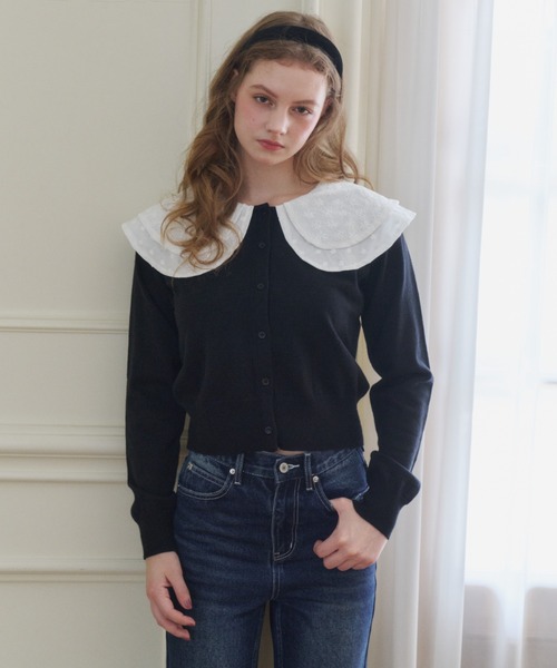 idem(イデム)の「double lace collar cardigan / ダブルレース襟ニットカーディガン(カーディガン/ボレロ・レディース・ブラック/グレー・FREE)」の20枚目の写真