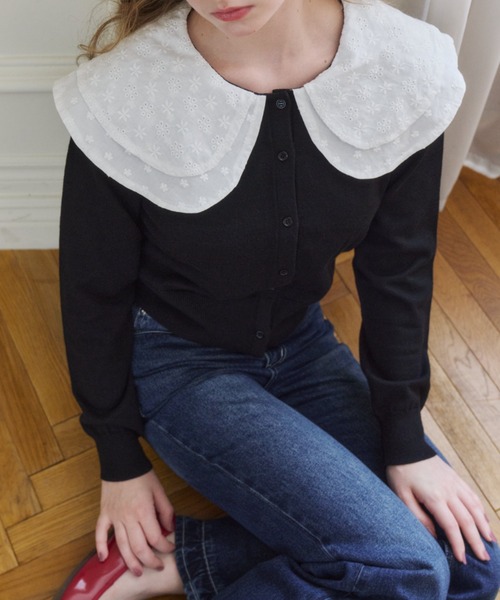 idem(イデム)の「double lace collar cardigan / ダブルレース襟ニットカーディガン(カーディガン/ボレロ・レディース・ブラック/グレー・FREE)」の16枚目の写真