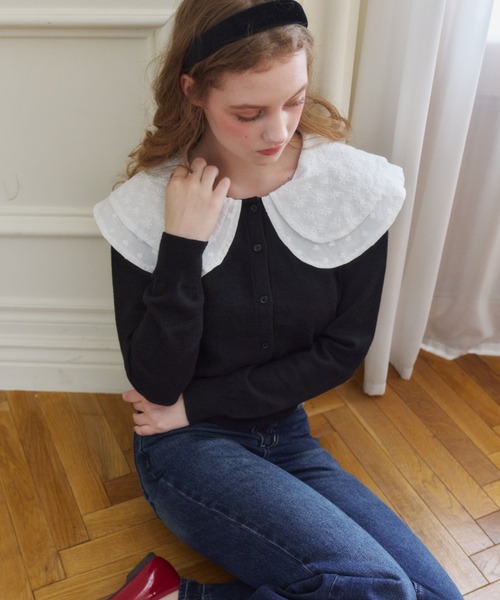 idem(イデム)の「double lace collar cardigan / ダブルレース襟ニットカーディガン(カーディガン/ボレロ・レディース・ブラック/グレー・FREE)」の8枚目の写真