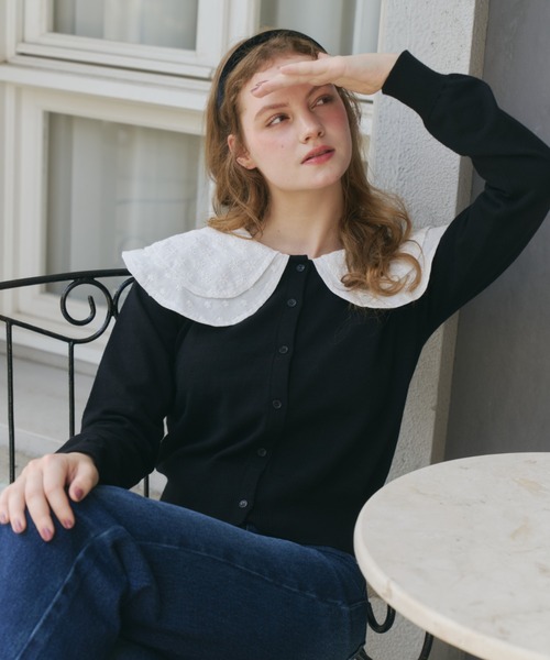 idem(イデム)の「double lace collar cardigan / ダブルレース襟ニットカーディガン(カーディガン/ボレロ・レディース・ブラック/グレー・FREE)」の12枚目の写真