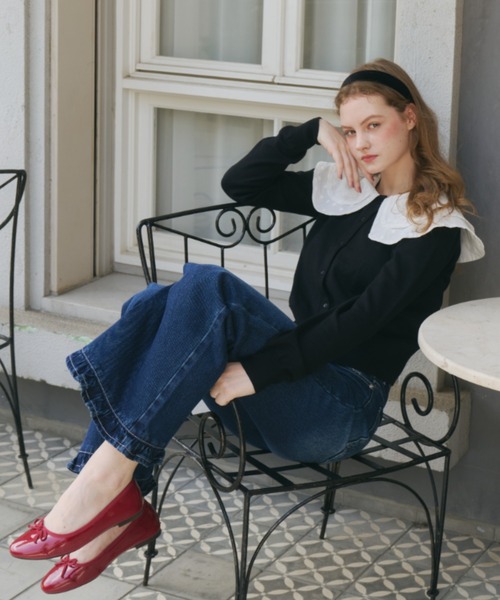 idem(イデム)の「double lace collar cardigan / ダブルレース襟ニットカーディガン(カーディガン/ボレロ・レディース・ブラック/グレー・FREE)」の9枚目の写真