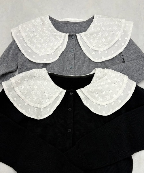 idem(イデム)の「double lace collar cardigan / ダブルレース襟ニットカーディガン(カーディガン/ボレロ・レディース・ブラック/グレー・FREE)」の6枚目の写真