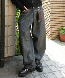 ストライプワイドカーブドデニムパンツ [カーキ グレー]