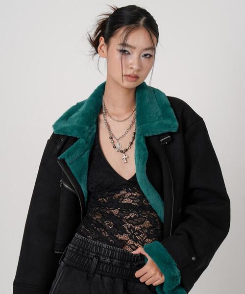 ROYAL FLASH(ロイヤルフラッシュ)の「MITSUKI/ミツキ/2WAY FAUX SHEARLING JACKET(その他アウター・レディース・ブラック/ブラウン・F)」の2枚目の写真