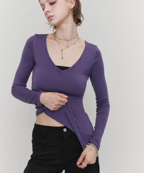 Rohwel(ローウェル)の「Basic V-Neck Knit / ベーシックVネックニット(ニット/セーター・レディース・ブラック/パープル/カーキ・FREE)」の6枚目の写真