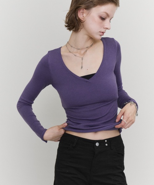 Rohwel(ローウェル)の「Basic V-Neck Knit / ベーシックVネックニット(ニット/セーター・レディース・ブラック/パープル/カーキ・FREE)」の8枚目の写真