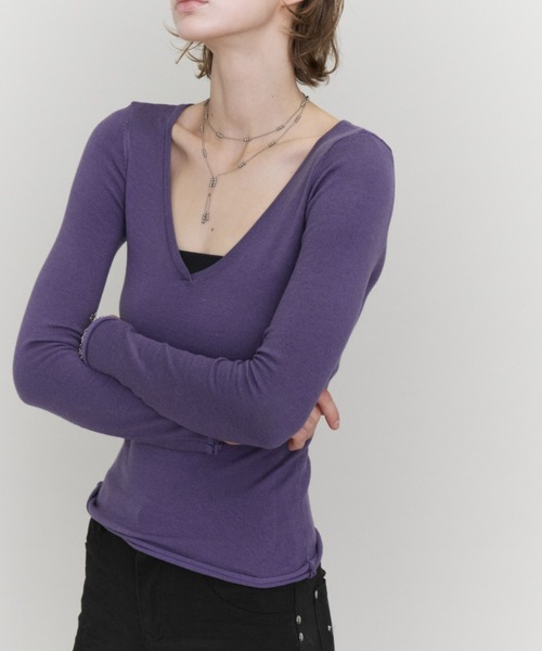 Rohwel(ローウェル)の「Basic V-Neck Knit / ベーシックVネックニット(ニット/セーター・レディース・ブラック/パープル/カーキ・FREE)」の9枚目の写真